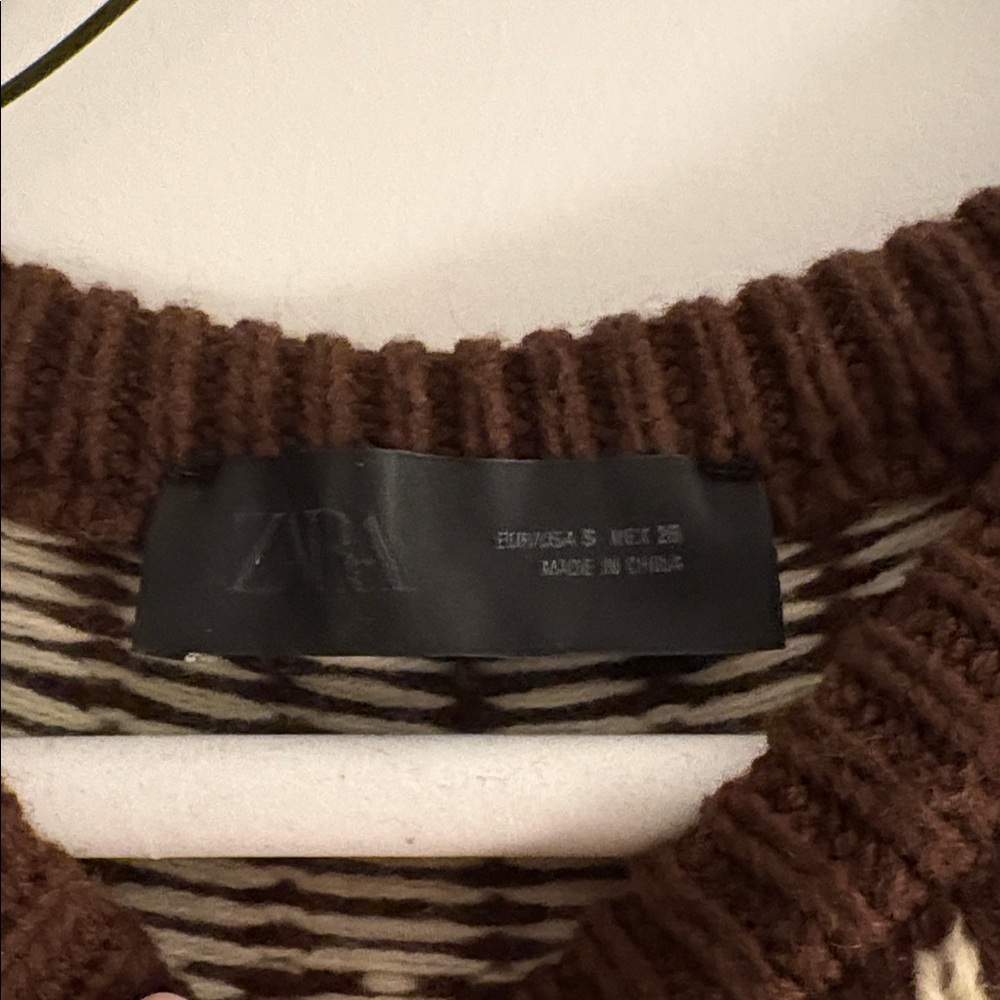 Zara Chocolate and Cream SHORT SLEEVE JACQUARD KNIT SWEATER fair isle sz small - Picture 3 of 8